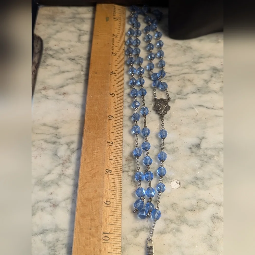 Rosary Beads Blue Silvertone Crucifix Well made Beautiful Italy Vintage